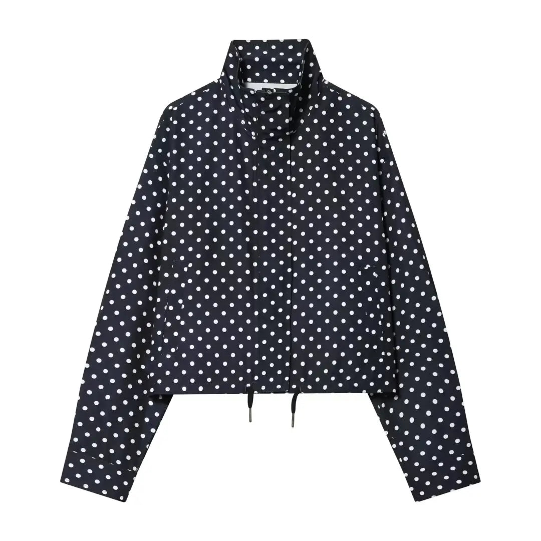 YENKYE New 2026 Women's Red Polka Dot Cropped Jacket Stand Collar Drawstring Waist Long Sleeve Casual Loose  Outerwear