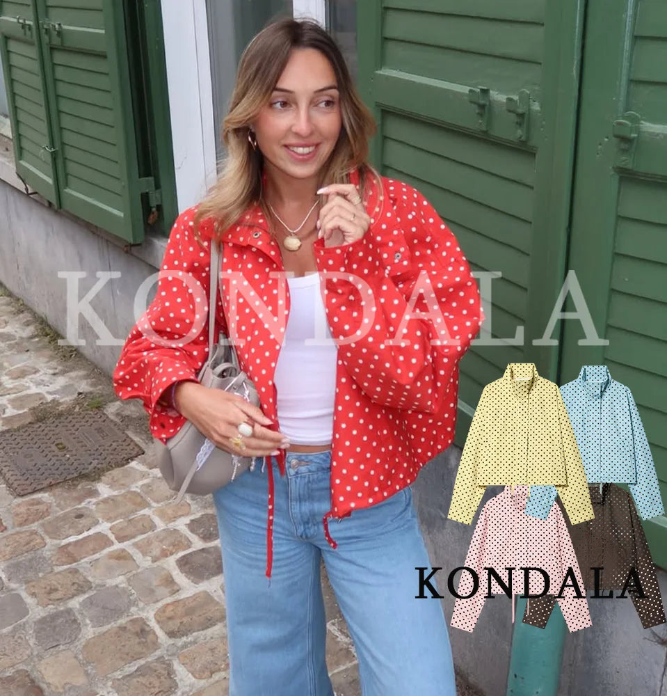 Women Leisure Polka Dot stand-up Collar Jacket KONDALA 2026 Summer Trendy Elegant Zip-up Jacket Female Holiday Chic Cute Jacket