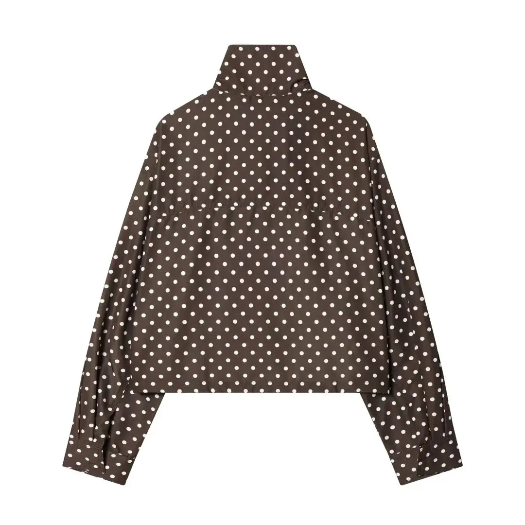 YENKYE New 2026 Women's Red Polka Dot Cropped Jacket Stand Collar Drawstring Waist Long Sleeve Casual Loose  Outerwear