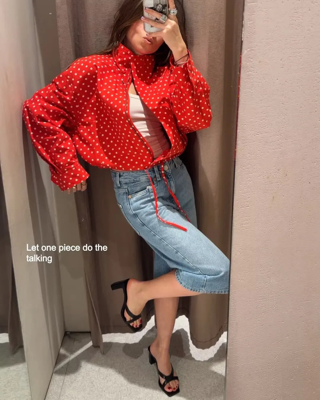 YENKYE New 2026 Women's Red Polka Dot Cropped Jacket Stand Collar Drawstring Waist Long Sleeve Casual Loose  Outerwear