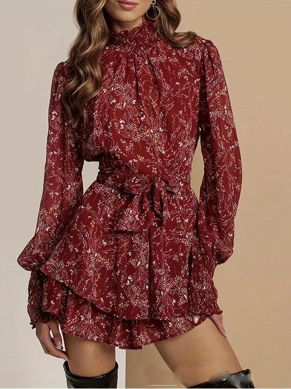 Half High Collar Mini Dress Perspective Long Sleeve Belt Floral Print A-Line Ruffle Hem Women Dress Casual Clothes