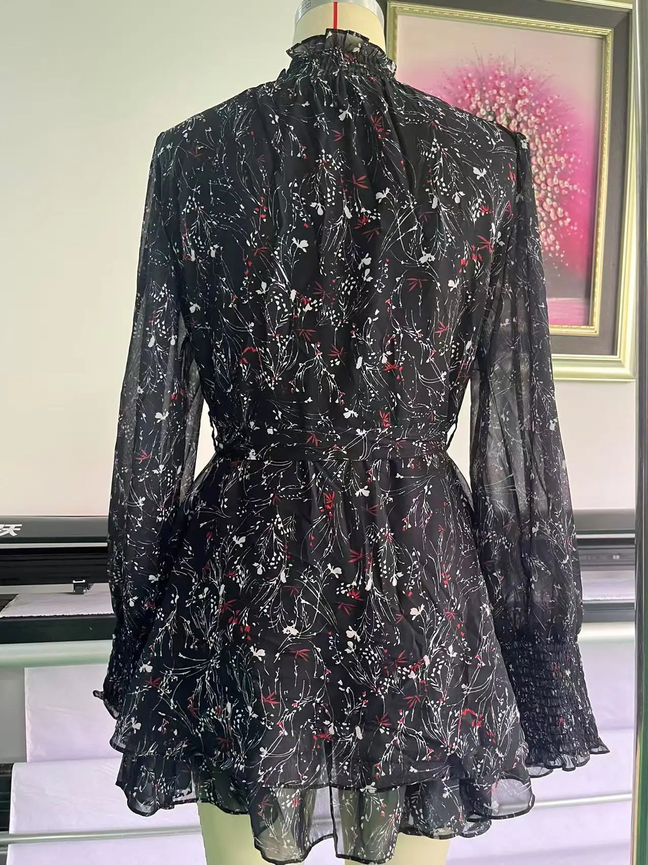Half High Collar Mini Dress Perspective Long Sleeve Belt Floral Print A-Line Ruffle Hem Women Dress Casual Clothes
