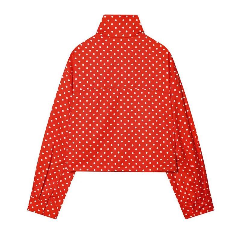 YENKYE New 2026 Women's Red Polka Dot Cropped Jacket Stand Collar Drawstring Waist Long Sleeve Casual Loose  Outerwear