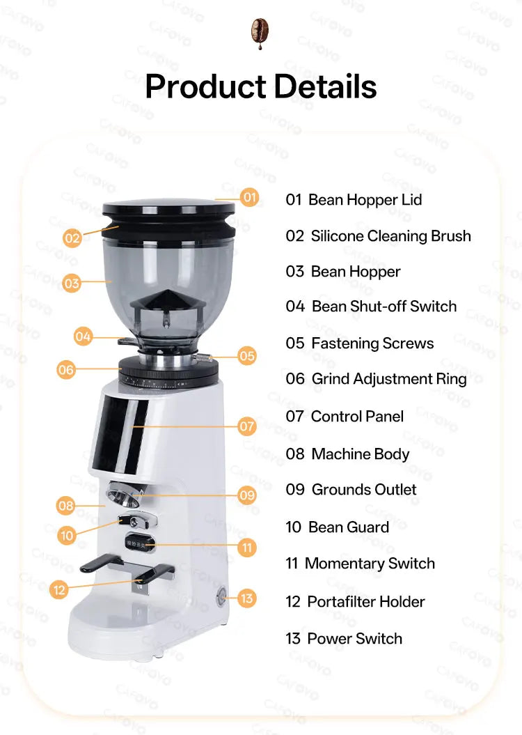 CAFOVO G764F Coffee Burr Grinder 64mm Flat Burr Coffee Grinder 100-Step Adjustment Time Quantification MIller for Home Barista