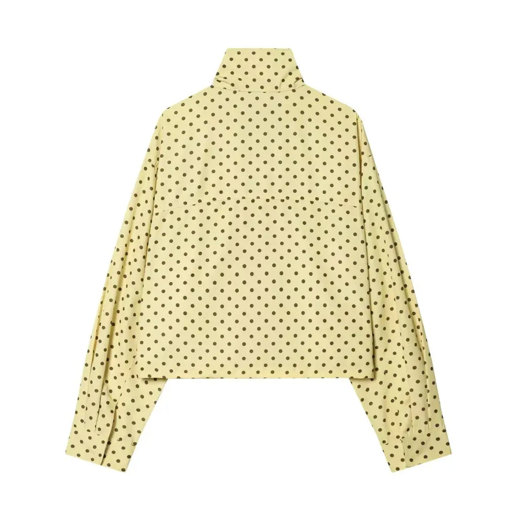 YENKYE New 2026 Women's Red Polka Dot Cropped Jacket Stand Collar Drawstring Waist Long Sleeve Casual Loose  Outerwear