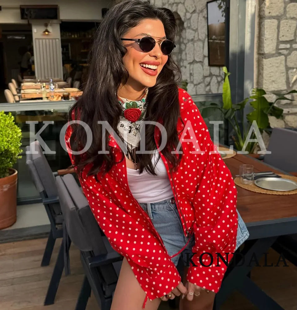Women Leisure Polka Dot stand-up Collar Jacket KONDALA 2026 Summer Trendy Elegant Zip-up Jacket Female Holiday Chic Cute Jacket