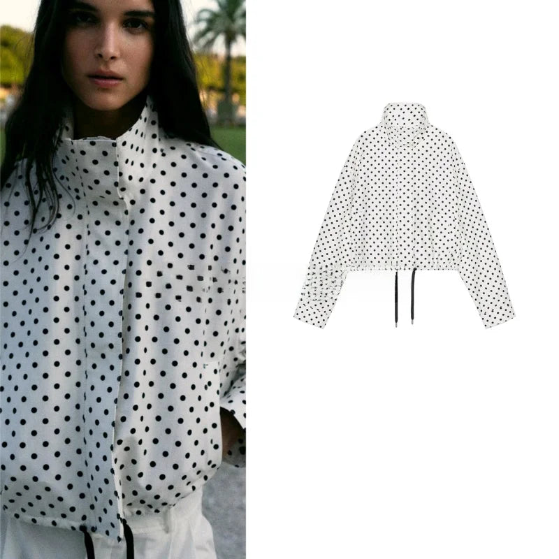 Women's Polka Dot Bubble Sleeve Long Sleeve High Collar Jacket Waist Tie Splice Design Commute Style Loose Fit Polyester Fiber