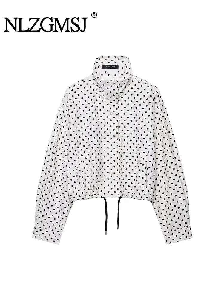 NLZGMSJ Women's Polka Dots Short Jacket Women's Stand Collar Zipper Top Short Set Female Casual Loose Coat