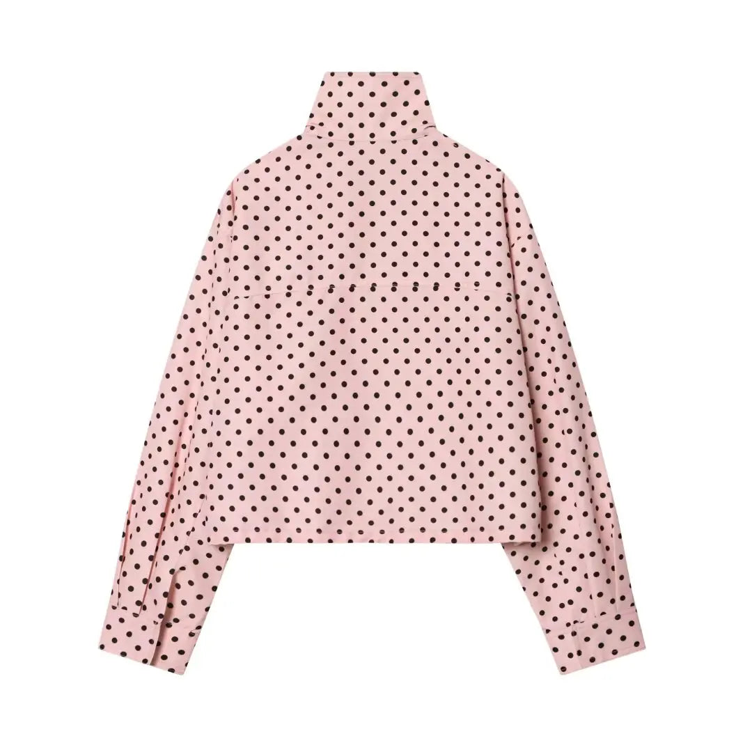YENKYE New 2026 Women's Red Polka Dot Cropped Jacket Stand Collar Drawstring Waist Long Sleeve Casual Loose  Outerwear