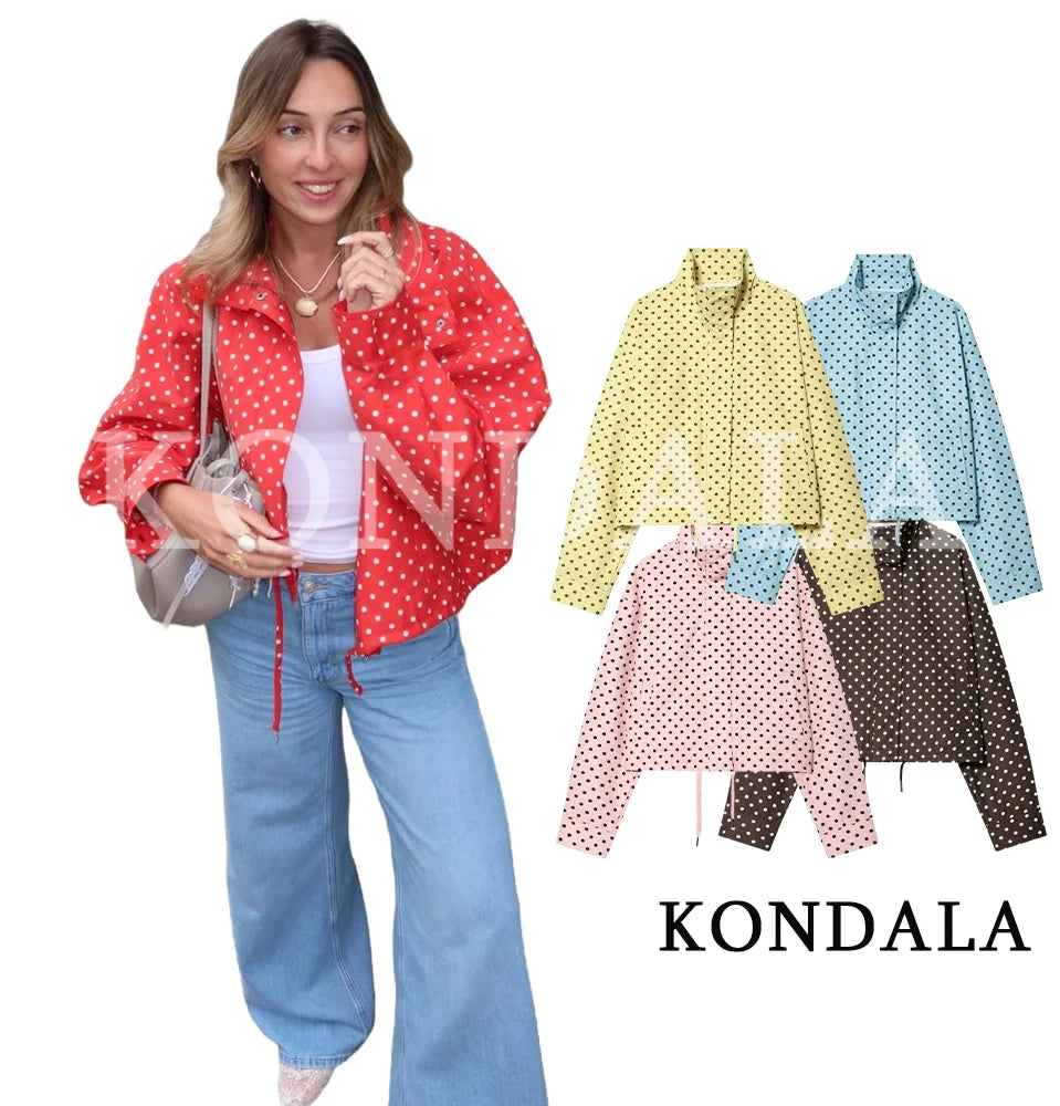 Women Leisure Polka Dot stand-up Collar Jacket KONDALA 2026 Summer Trendy Elegant Zip-up Jacket Female Holiday Chic Cute Jacket