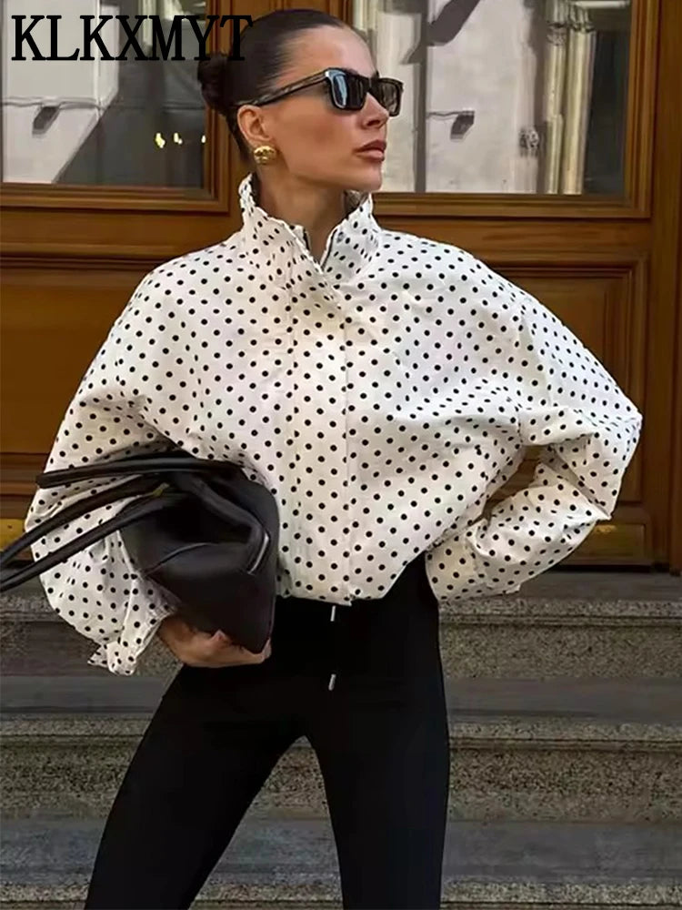 Polka Dot Print Short Coats Women's High Street Long Sleeve Jackets for Women 2026 Elegant Office Ladies Casual Outerwear