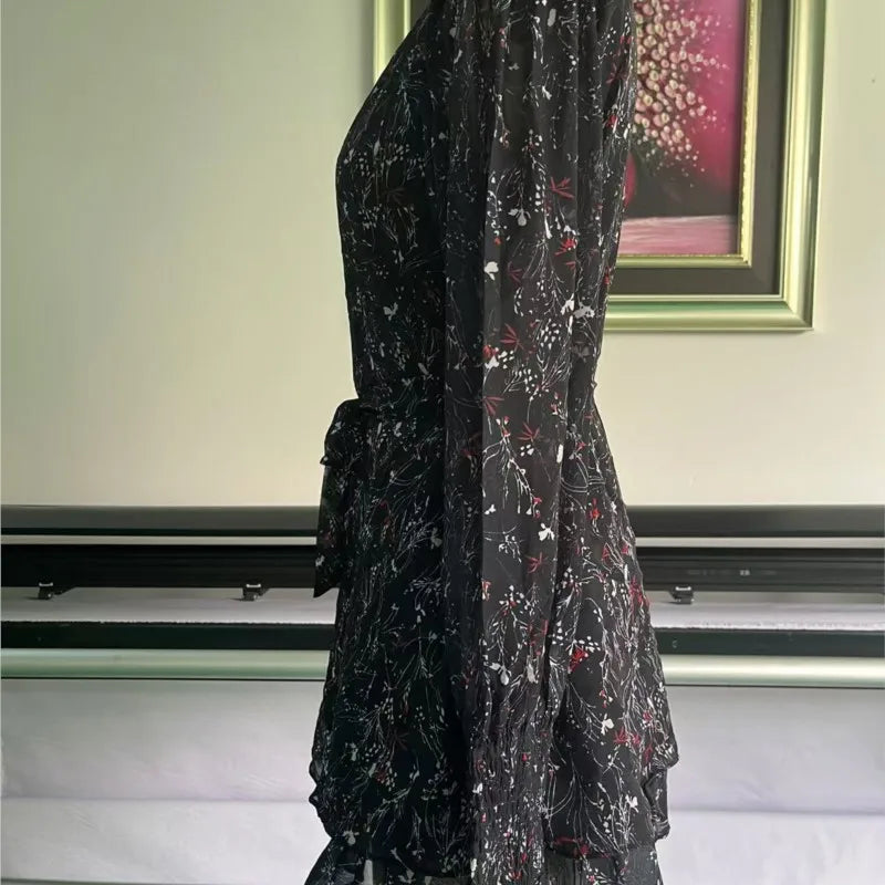 Half High Collar Mini Dress Perspective Long Sleeve Belt Floral Print A-Line Ruffle Hem Women Dress Casual Clothes