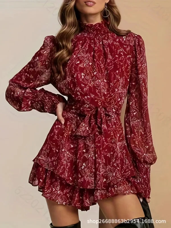 Half High Collar Mini Dress Perspective Long Sleeve Belt Floral Print A-Line Ruffle Hem Women Dress Casual Clothes
