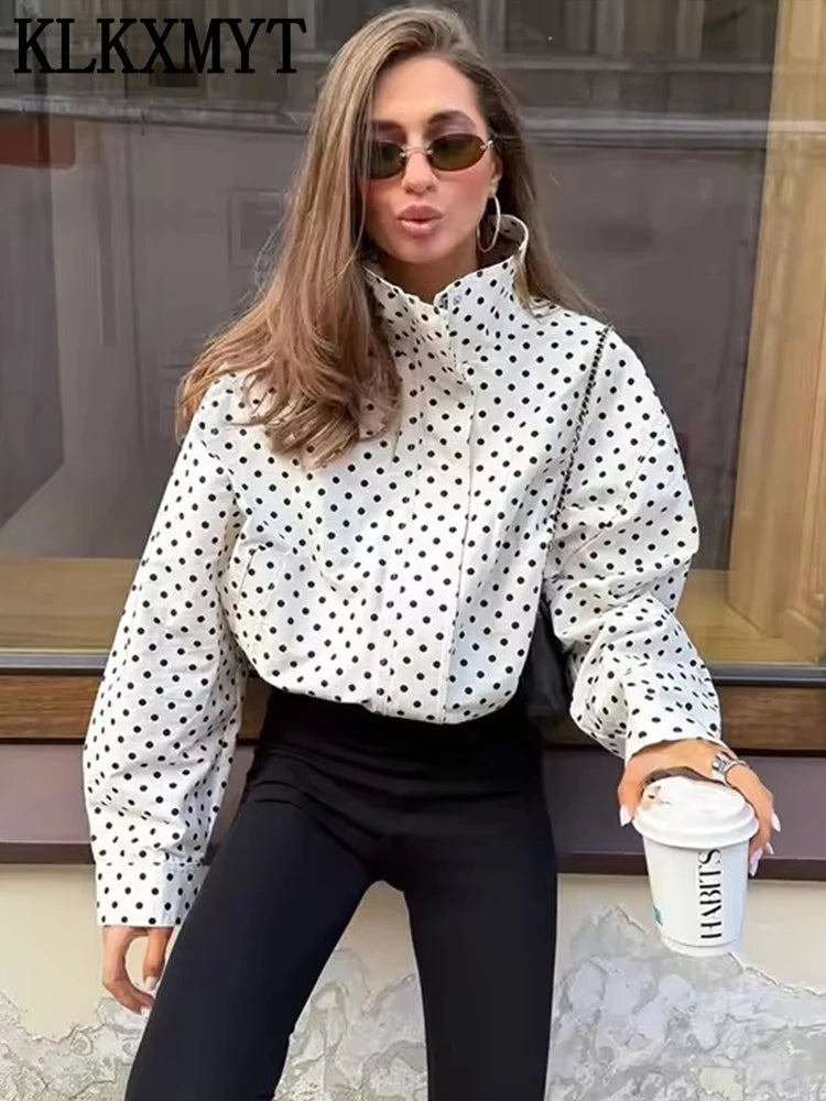 Polka Dot Print Short Coats Women's High Street Long Sleeve Jackets for Women 2026 Elegant Office Ladies Casual Outerwear