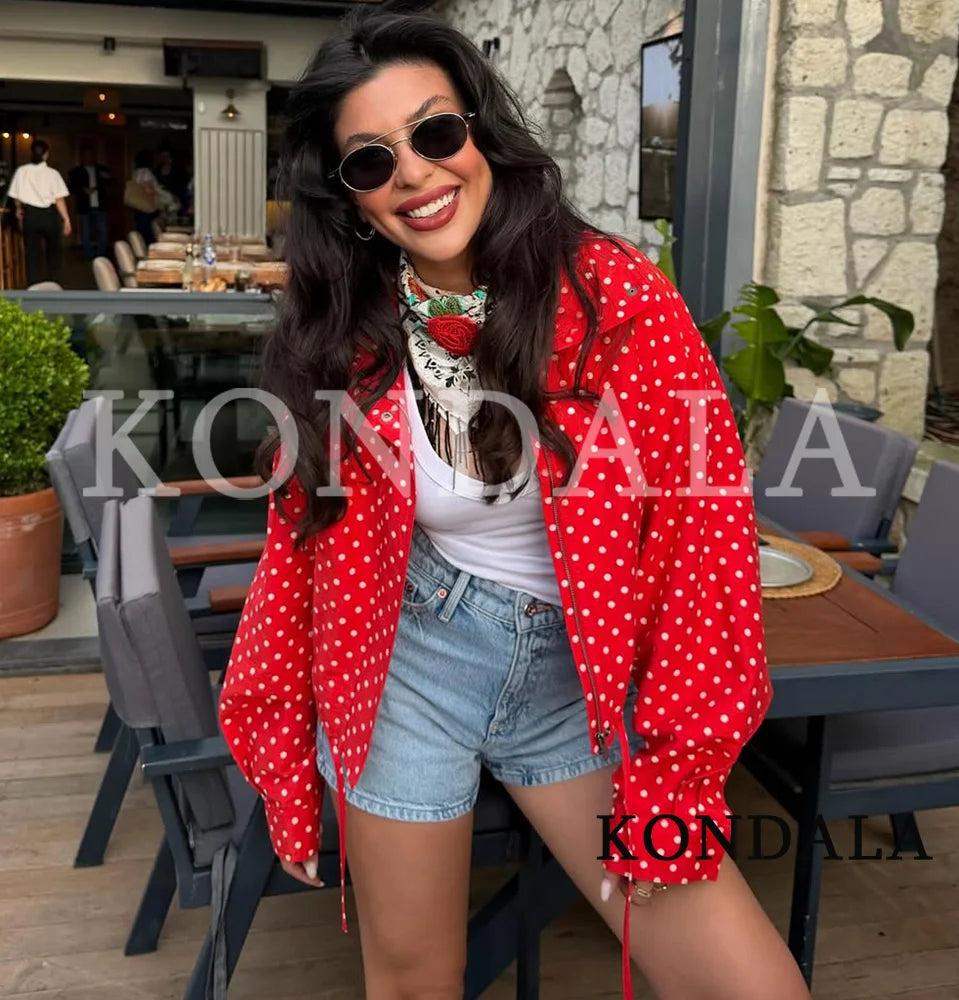 Women Leisure Polka Dot stand-up Collar Jacket KONDALA 2026 Summer Trendy Elegant Zip-up Jacket Female Holiday Chic Cute Jacket
