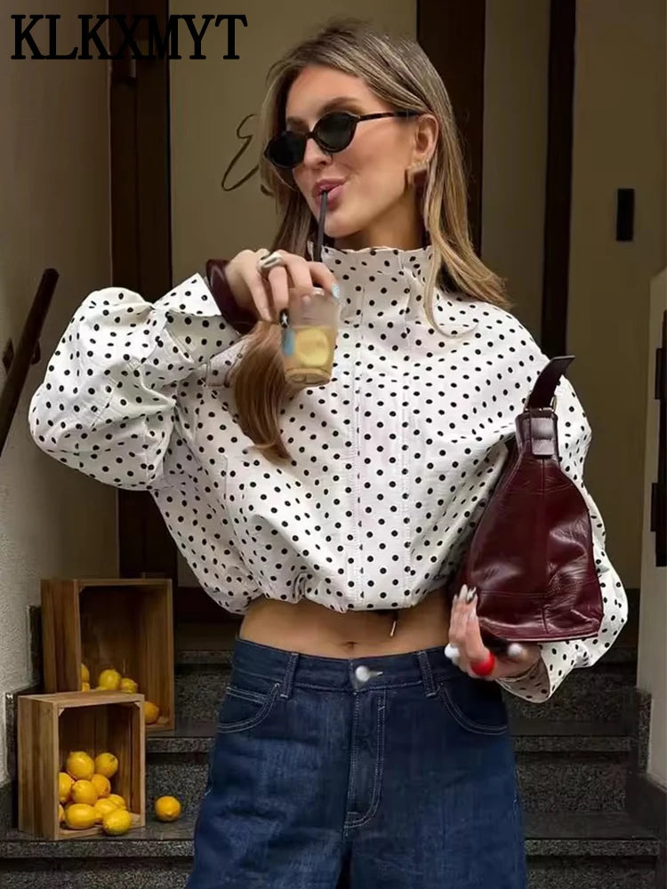 Polka Dot Print Short Coats Women's High Street Long Sleeve Jackets for Women 2026 Elegant Office Ladies Casual Outerwear