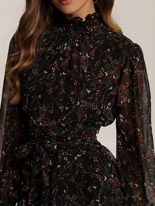 Half High Collar Mini Dress Perspective Long Sleeve Belt Floral Print A-Line Ruffle Hem Women Dress Casual Clothes