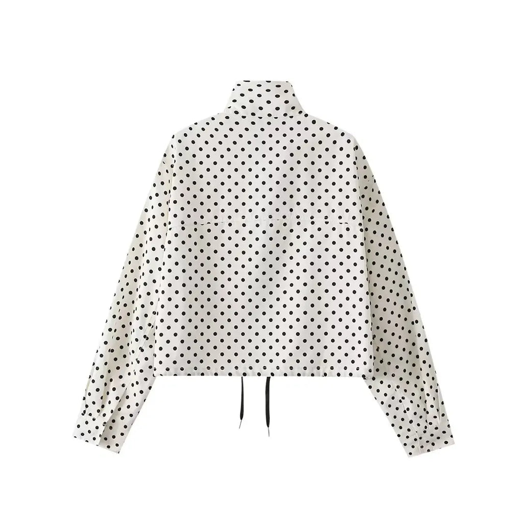 YENKYE New 2026 Women's Red Polka Dot Cropped Jacket Stand Collar Drawstring Waist Long Sleeve Casual Loose  Outerwear