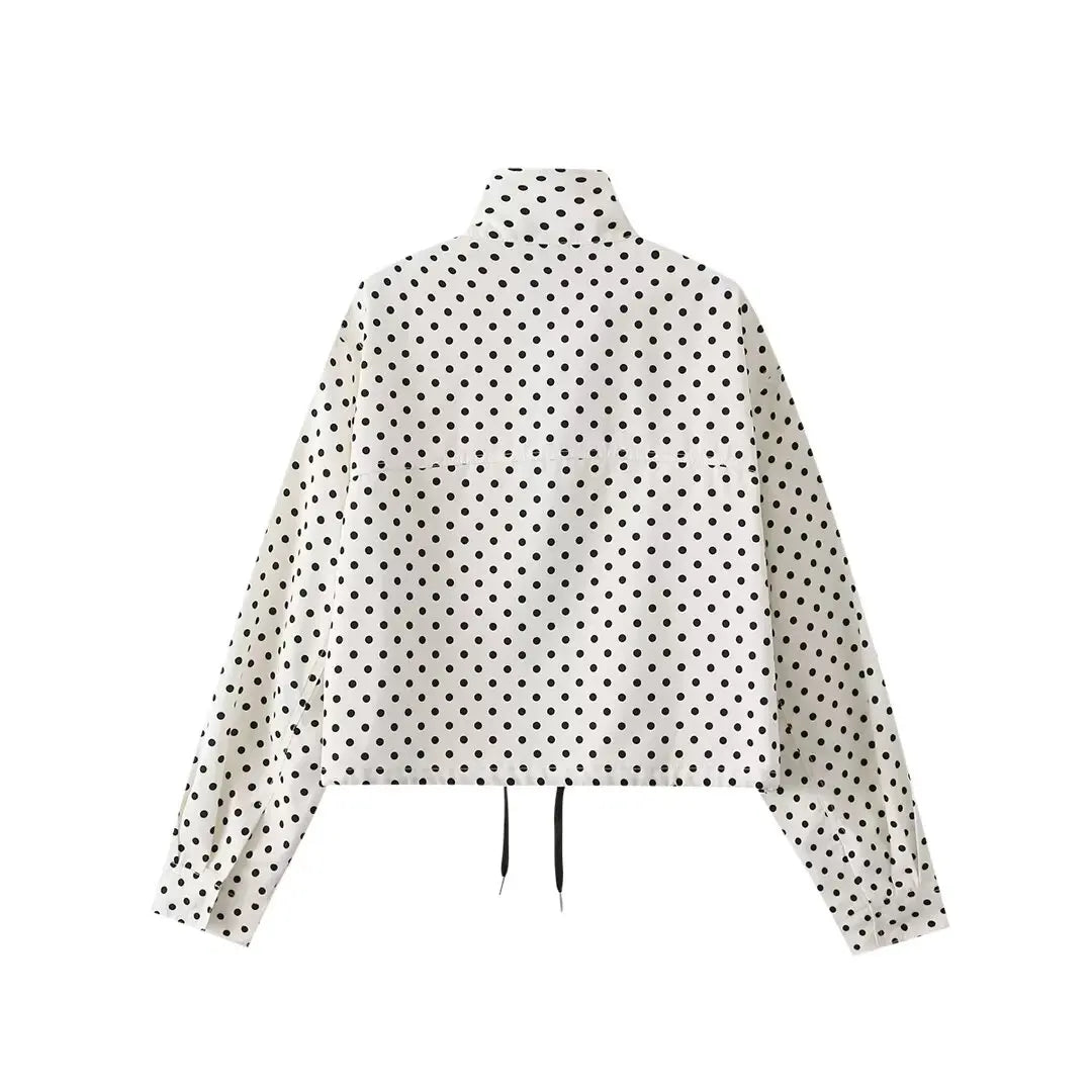 YENKYE New 2026 Women's Red Polka Dot Cropped Jacket Stand Collar Drawstring Waist Long Sleeve Casual Loose  Outerwear