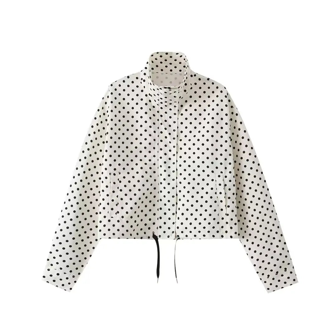 YENKYE New 2026 Women's Red Polka Dot Cropped Jacket Stand Collar Drawstring Waist Long Sleeve Casual Loose  Outerwear