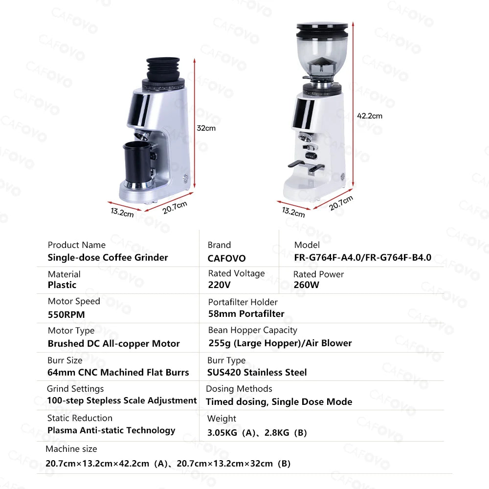 CAFOVO G764F Coffee Burr Grinder 64mm Flat Burr Coffee Grinder 100-Step Adjustment Time Quantification MIller for Home Barista