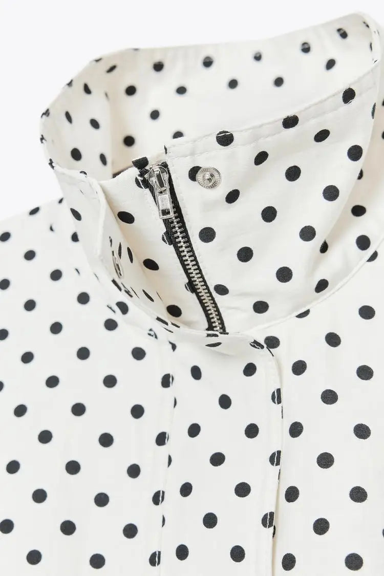 Women's Polka Dot Bubble Sleeve Long Sleeve High Collar Jacket Waist Tie Splice Design Commute Style Loose Fit Polyester Fiber