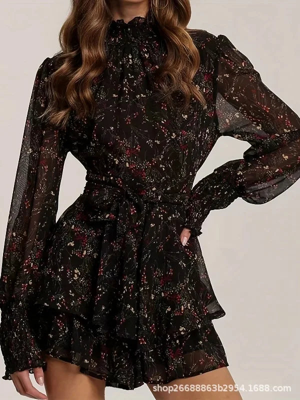 Half High Collar Mini Dress Perspective Long Sleeve Belt Floral Print A-Line Ruffle Hem Women Dress Casual Clothes