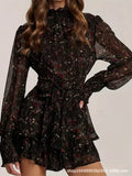 Half High Collar Mini Dress Perspective Long Sleeve Belt Floral Print A-Line Ruffle Hem Women Dress Casual Clothes