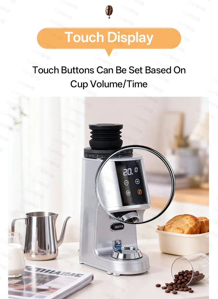 CAFOVO G764F Coffee Burr Grinder 64mm Flat Burr Coffee Grinder 100-Step Adjustment Time Quantification MIller for Home Barista