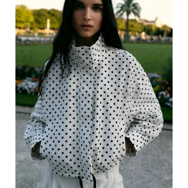 Women's Polka Dot Bubble Sleeve Long Sleeve High Collar Jacket Waist Tie Splice Design Commute Style Loose Fit Polyester Fiber