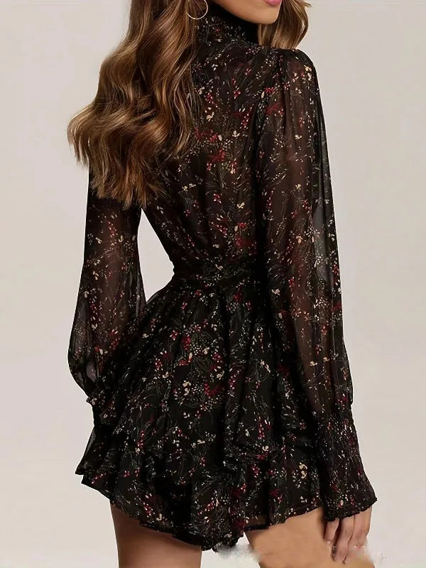 Half High Collar Mini Dress Perspective Long Sleeve Belt Floral Print A-Line Ruffle Hem Women Dress Casual Clothes