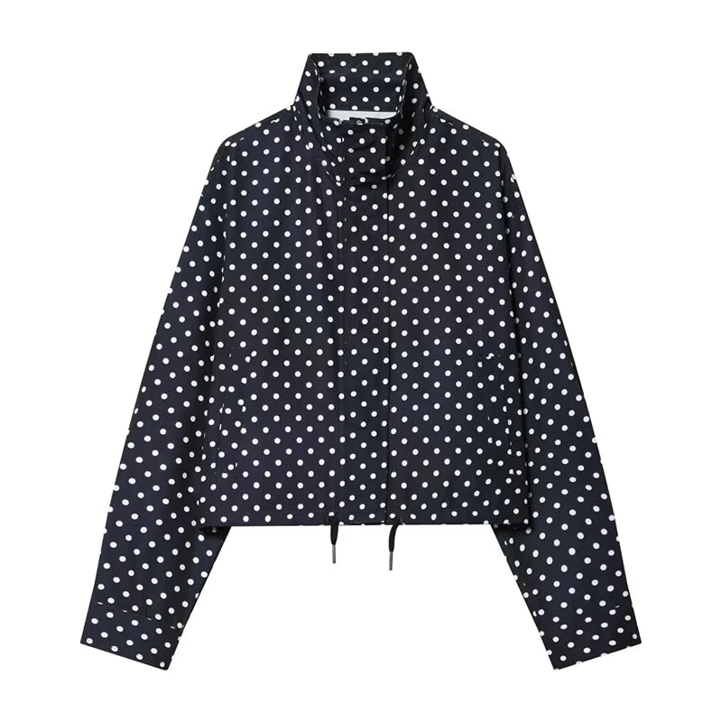 YENKYE New 2026 Women's Red Polka Dot Cropped Jacket Stand Collar Drawstring Waist Long Sleeve Casual Loose  Outerwear