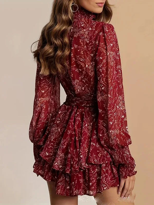 Half High Collar Mini Dress Perspective Long Sleeve Belt Floral Print A-Line Ruffle Hem Women Dress Casual Clothes