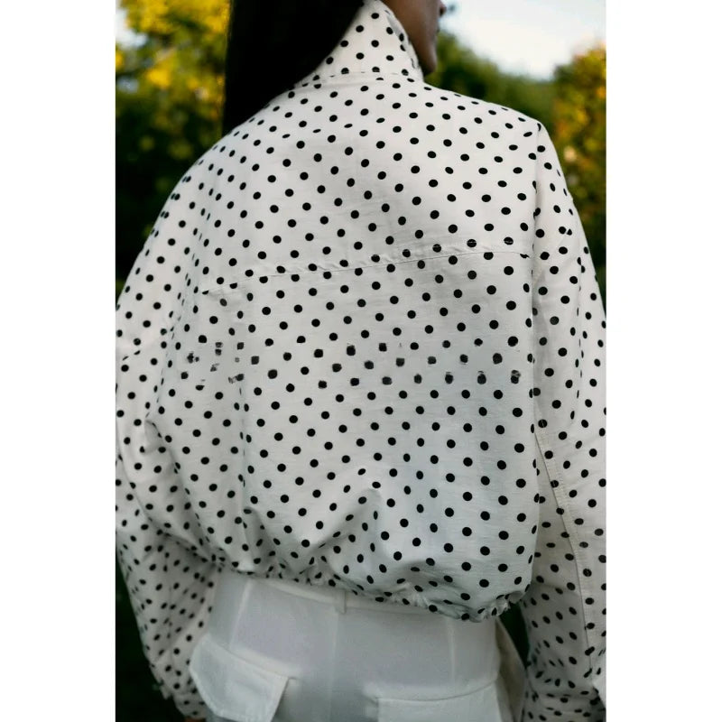 Women's Polka Dot Bubble Sleeve Long Sleeve High Collar Jacket Waist Tie Splice Design Commute Style Loose Fit Polyester Fiber