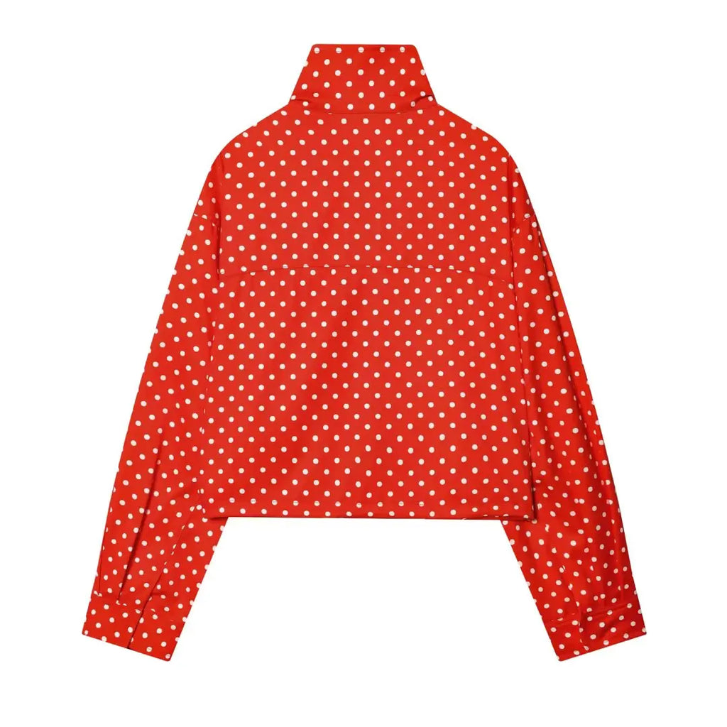 YENKYE New 2026 Women's Red Polka Dot Cropped Jacket Stand Collar Drawstring Waist Long Sleeve Casual Loose  Outerwear