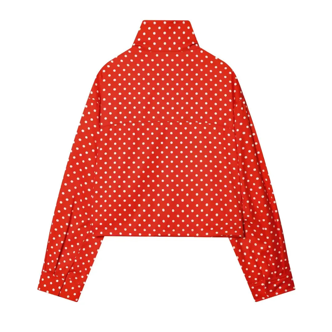 YENKYE New 2026 Women's Red Polka Dot Cropped Jacket Stand Collar Drawstring Waist Long Sleeve Casual Loose  Outerwear