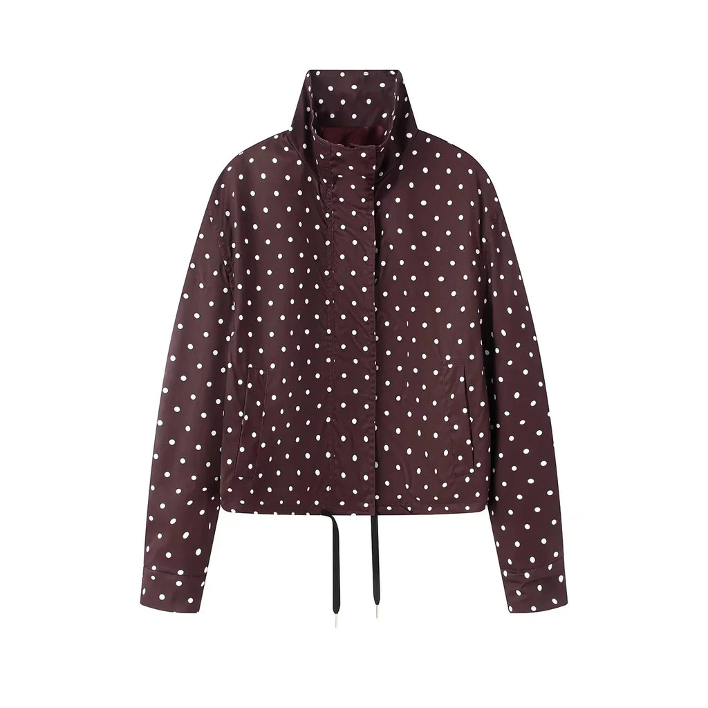 Women's Polka Dot Bubble Sleeve Long Sleeve High Collar Jacket Waist Tie Splice Design Commute Style Loose Fit Polyester Fiber