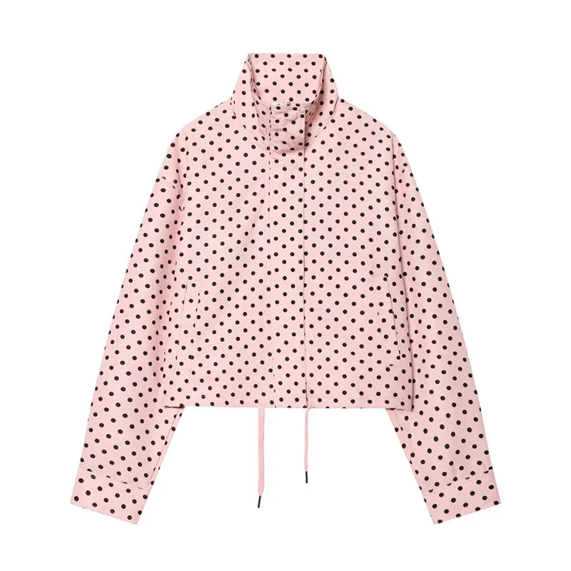 YENKYE New 2026 Women's Red Polka Dot Cropped Jacket Stand Collar Drawstring Waist Long Sleeve Casual Loose  Outerwear