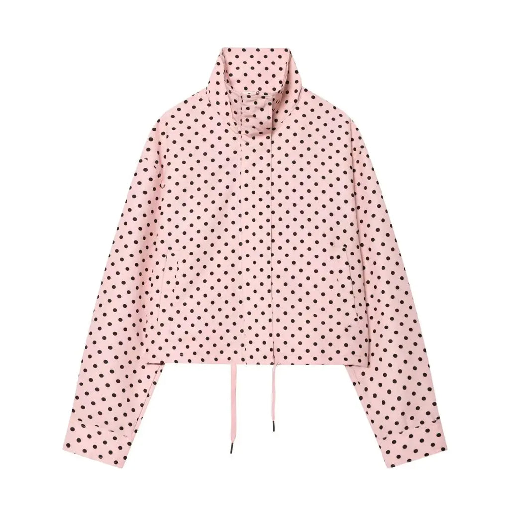 YENKYE New 2026 Women's Red Polka Dot Cropped Jacket Stand Collar Drawstring Waist Long Sleeve Casual Loose  Outerwear