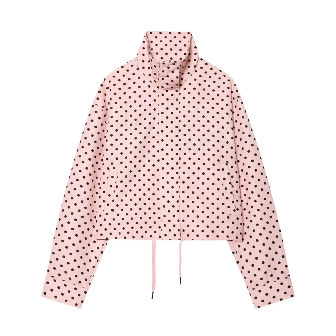 YENKYE New 2026 Women's Red Polka Dot Cropped Jacket Stand Collar Drawstring Waist Long Sleeve Casual Loose  Outerwear