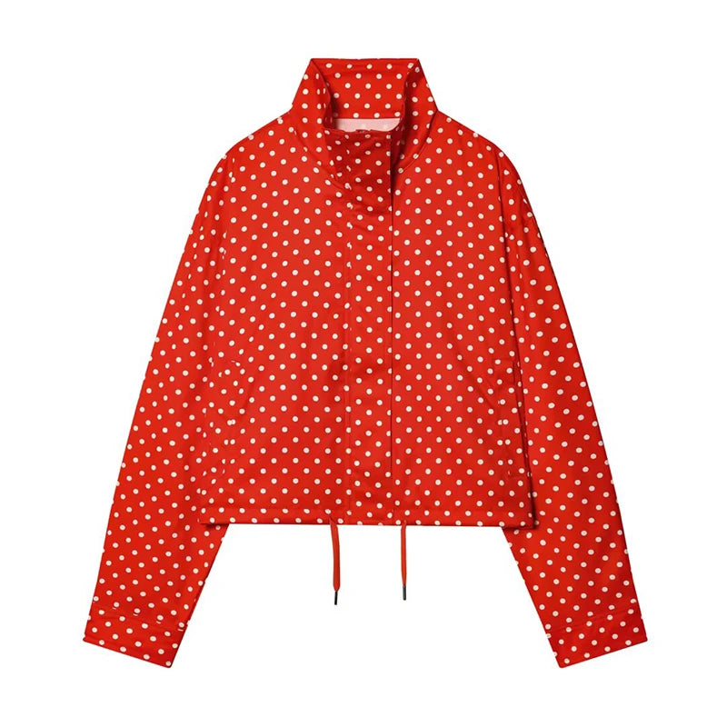 YENKYE New 2026 Women's Red Polka Dot Cropped Jacket Stand Collar Drawstring Waist Long Sleeve Casual Loose  Outerwear