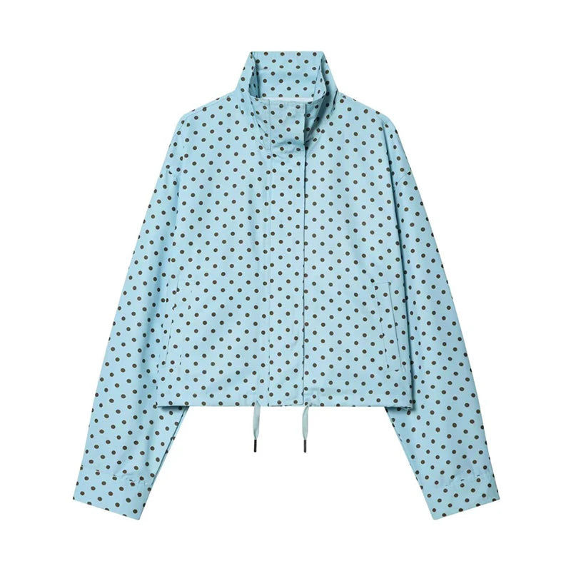 YENKYE New 2026 Women's Red Polka Dot Cropped Jacket Stand Collar Drawstring Waist Long Sleeve Casual Loose  Outerwear