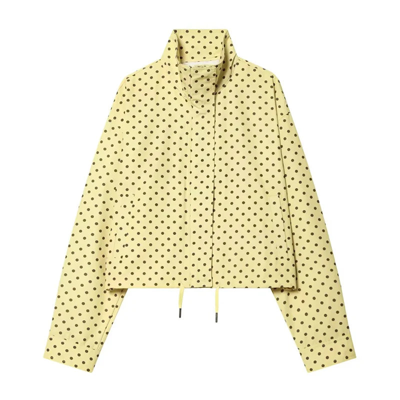 YENKYE New 2026 Women's Red Polka Dot Cropped Jacket Stand Collar Drawstring Waist Long Sleeve Casual Loose  Outerwear