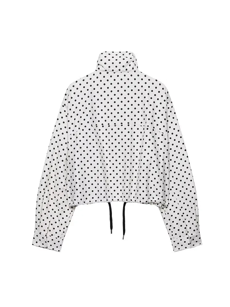 NLZGMSJ Women's Polka Dots Short Jacket Women's Stand Collar Zipper Top Short Set Female Casual Loose Coat