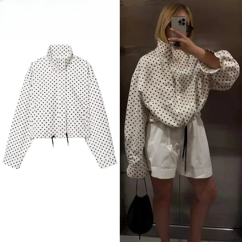 ZOCI Polka Dot Oversized Jackets for Women Zipper Women's Bomber Jacket Loose Demi-season Jacket for Women Outerwears Overcoat