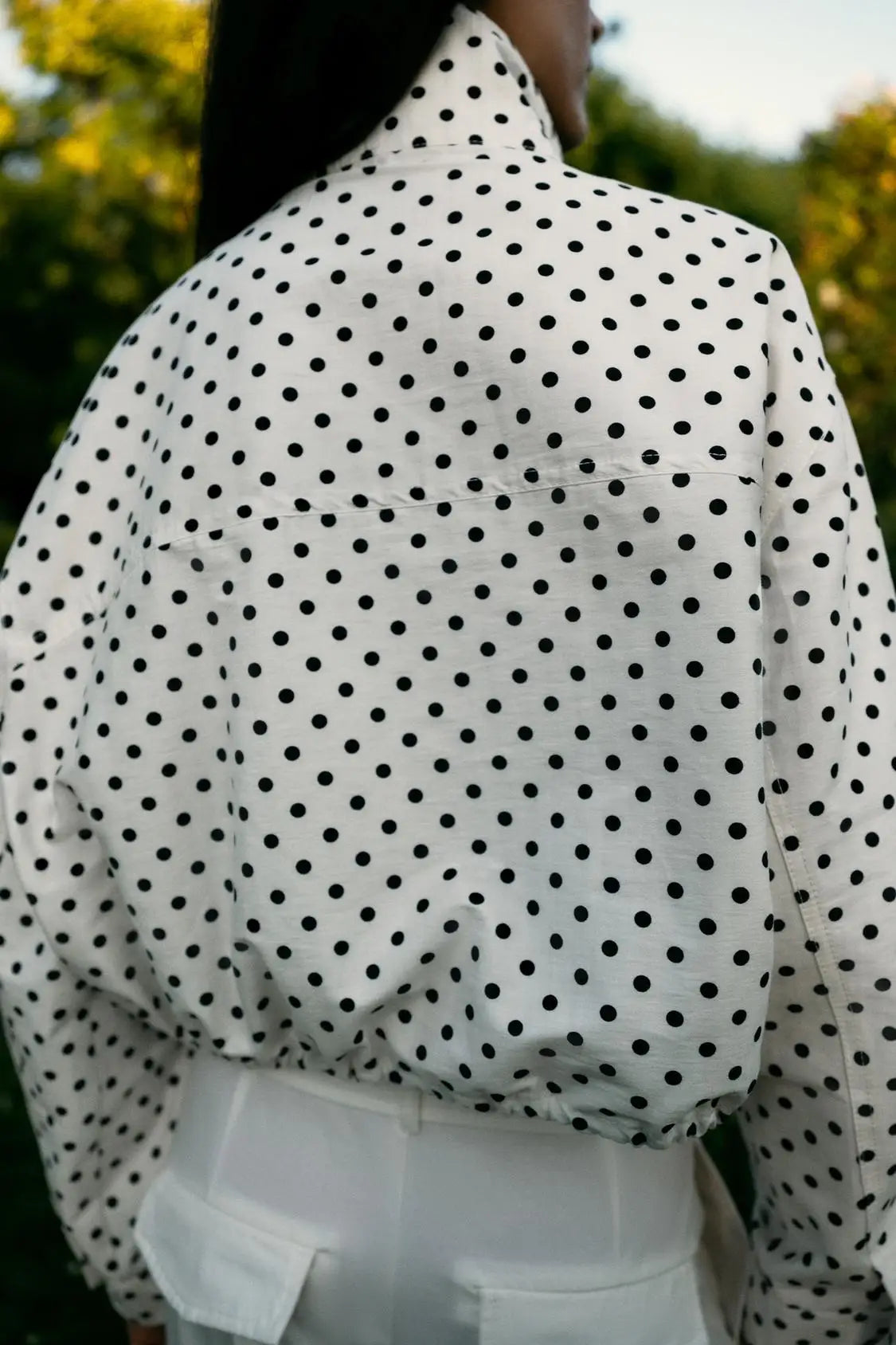Women's Polka Dot Bubble Sleeve Long Sleeve High Collar Jacket Waist Tie Splice Design Commute Style Loose Fit Polyester Fiber