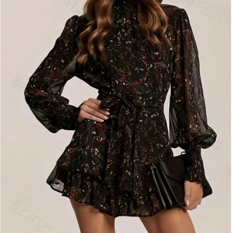 Half High Collar Mini Dress Perspective Long Sleeve Belt Floral Print A-Line Ruffle Hem Women Dress Casual Clothes