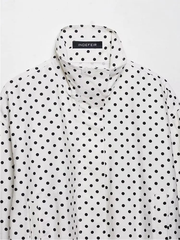 NLZGMSJ Women's Polka Dots Short Jacket Women's Stand Collar Zipper Top Short Set Female Casual Loose Coat