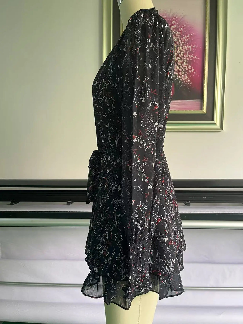 Half High Collar Mini Dress Perspective Long Sleeve Belt Floral Print A-Line Ruffle Hem Women Dress Casual Clothes