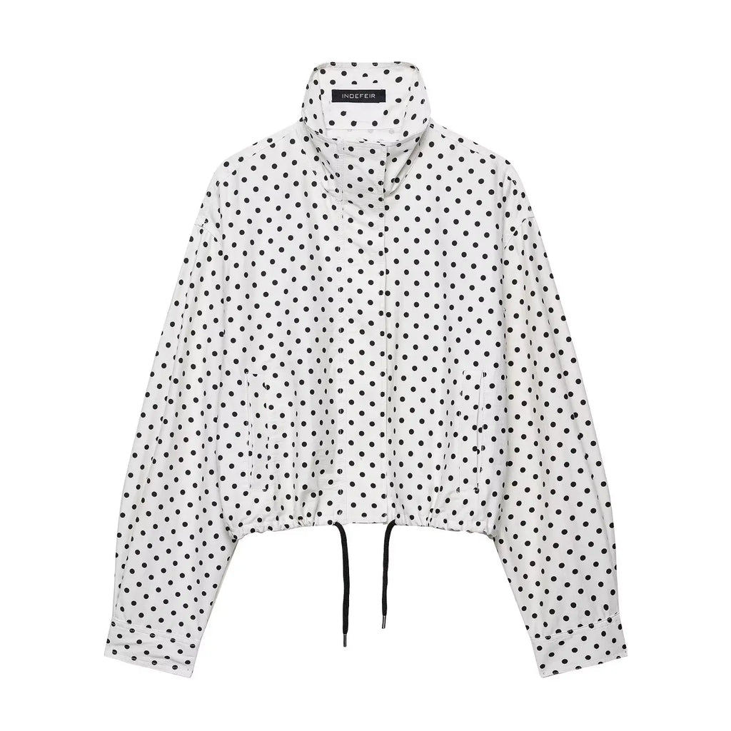 NLZGMSJ Women's Polka Dots Short Jacket Women's Stand Collar Zipper Top Short Set Female Casual Loose Coat